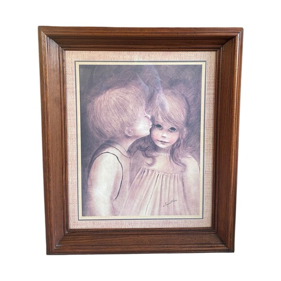 Margaret Keane A Little Kiss Big Eyes Boy Girl Framed MCM Vintage Art - Picture 3 of 16